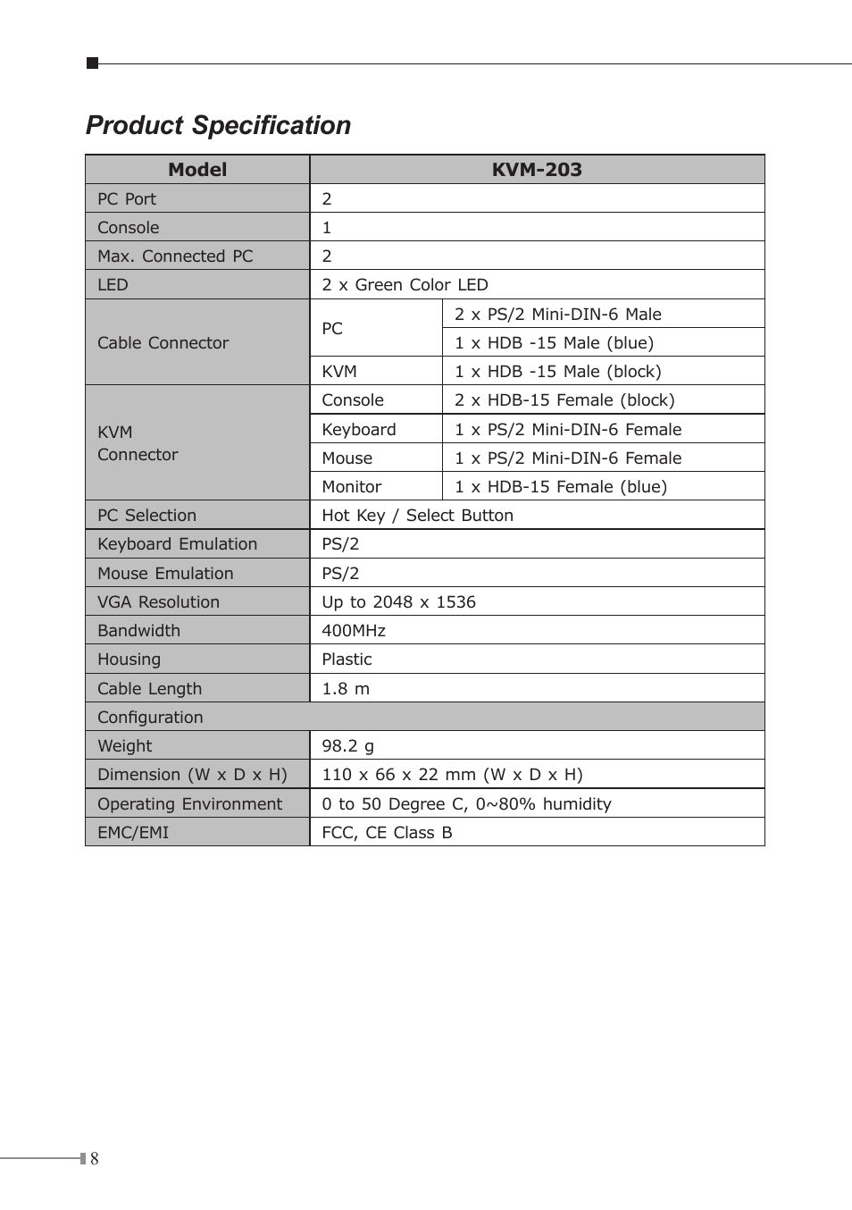 Product specification | PLANET KVM-203 User Manual | Page 8 / 8