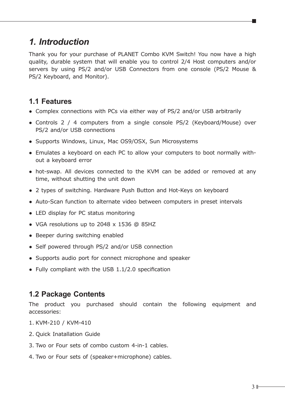Introduction, 1 features, 2 package contents | PLANET KVM-210 User Manual | Page 3 / 16
