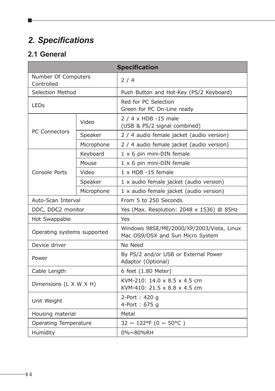 Specifications, 1 general | PLANET KVM-210 User Manual | Page 4 / 16