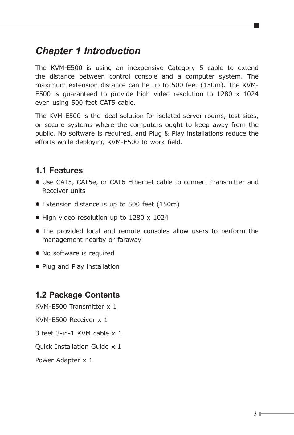 Chapter 1 introduction, 1 features, 2 package contents | PLANET KVM-E500 User Manual | Page 3 / 8