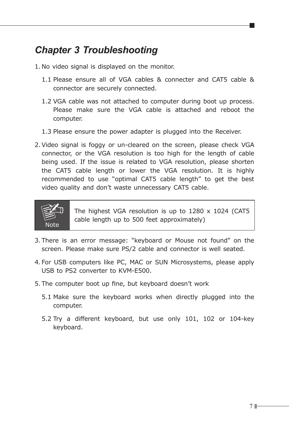 Chapter 3 troubleshooting | PLANET KVM-E500 User Manual | Page 7 / 8