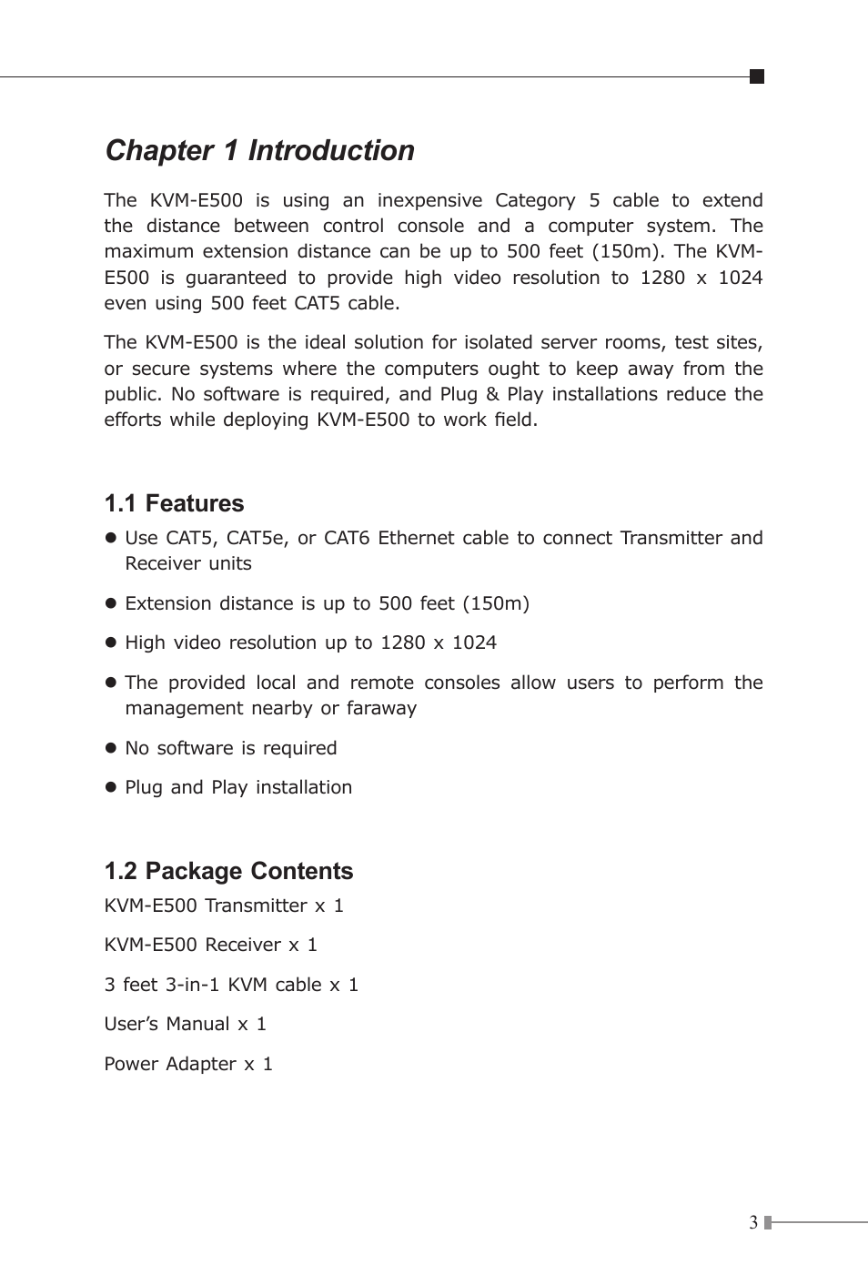 Chapter 1 introduction, 1 features, 2 package contents | PLANET KVM-E500 User Manual | Page 3 / 8