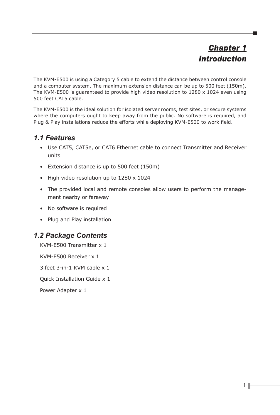 Chapter 1 introduction, 1 features, 2 package contents | PLANET KVM-E500 User Manual | Page 3 / 8