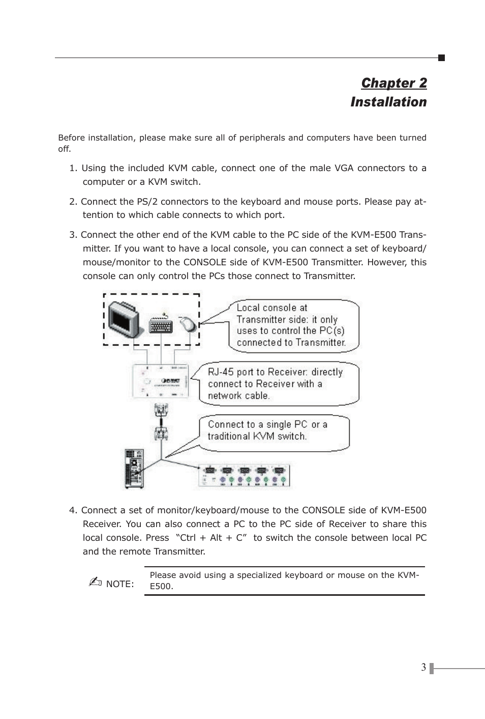 Chapter 2 installation | PLANET KVM-E500 User Manual | Page 5 / 8