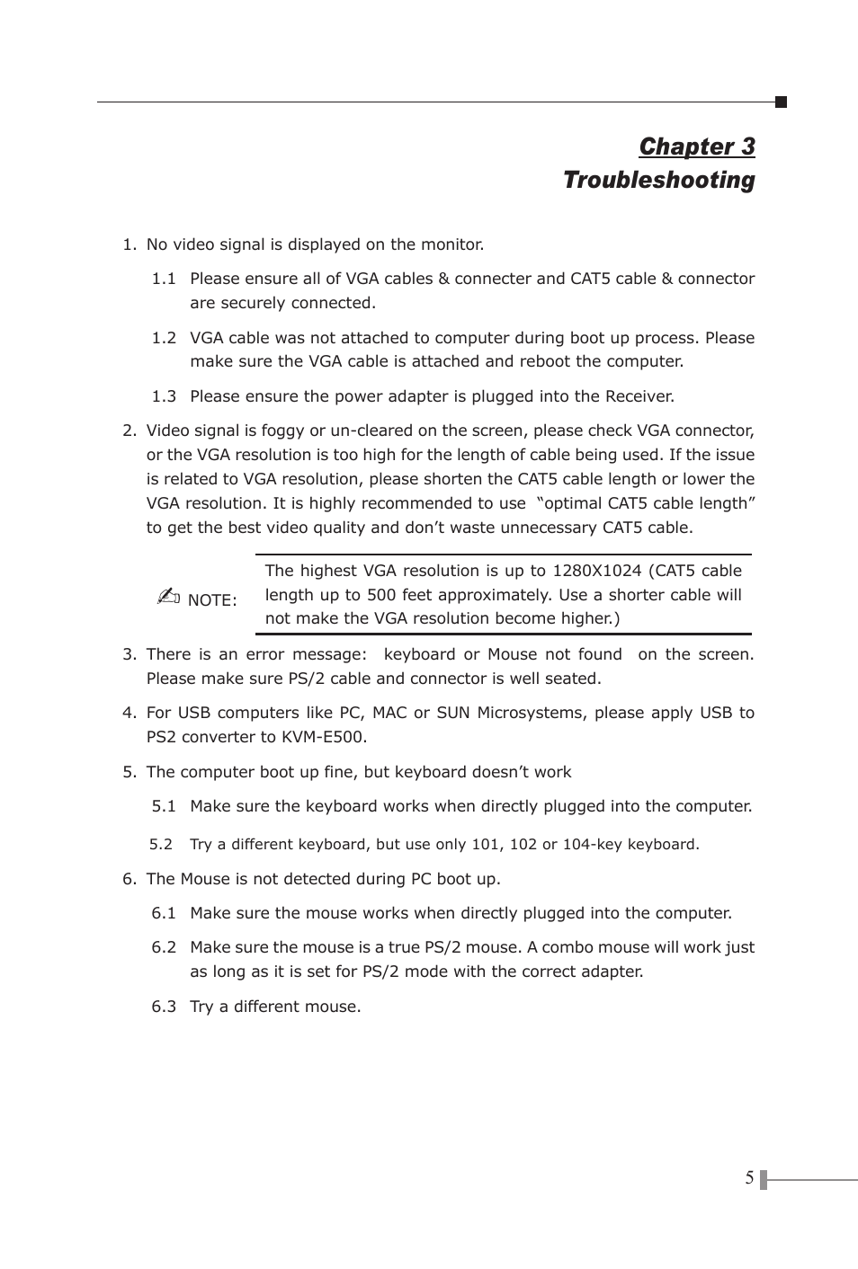 Chapter 3 troubleshooting | PLANET KVM-E500 User Manual | Page 7 / 8