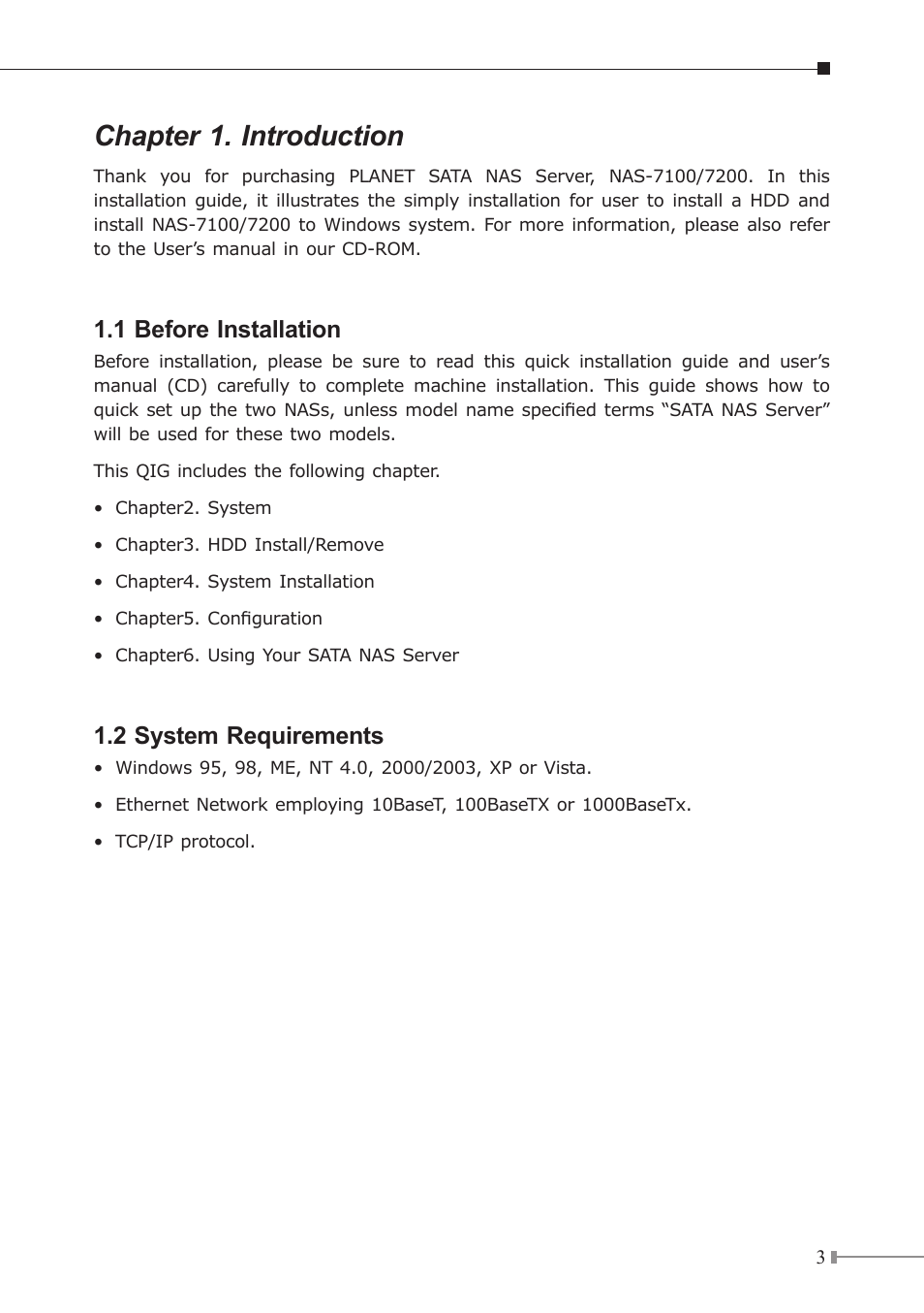 Chapter 1. introduction, 1 before installation, 2 system requirements | PLANET NAS-7200 User Manual | Page 3 / 20