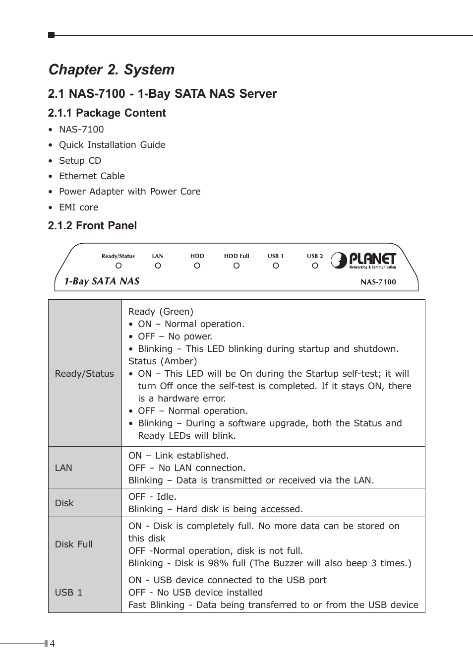 Chapter 2. system | PLANET NAS-7200 User Manual | Page 4 / 20