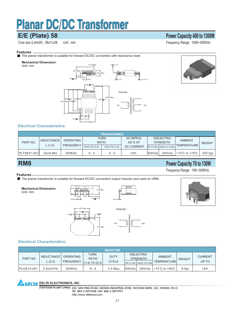 Delta Electronics Planar DC/DC Transformer RM8 User Manual | 2 pages