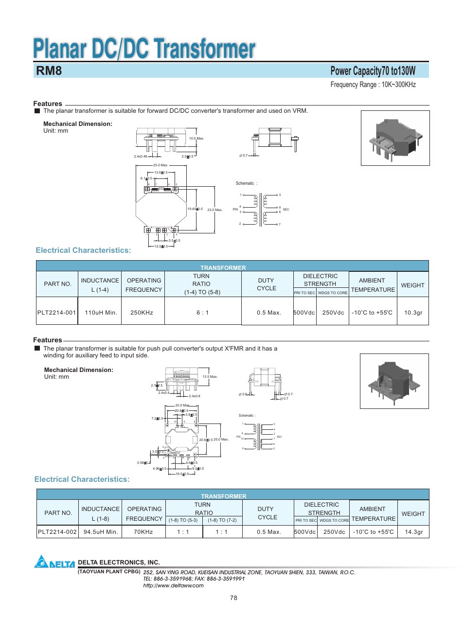 Planar dc/dc transformer, Electrical characteristics, Features | Delta Electronics Planar DC/DC Transformer RM8 User Manual | Page 2 / 2