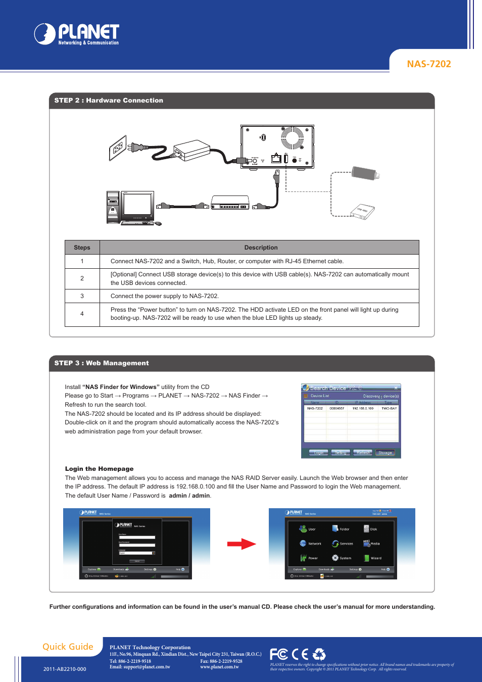 Nas-7202, Quick guide | PLANET NAS-7202 User Manual | Page 2 / 2