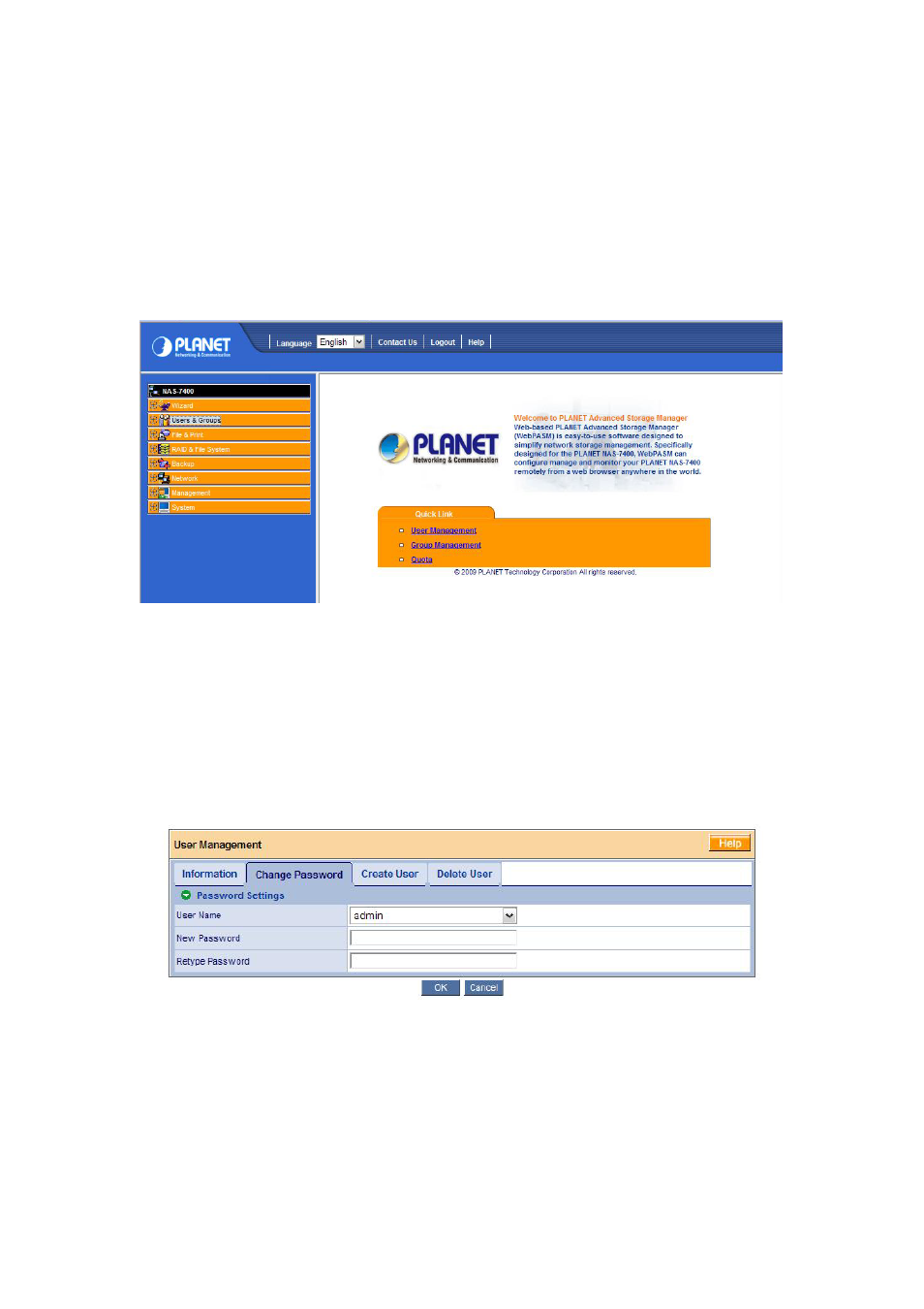 2 managing users and groups, 1 viewing a list of users, 2 creating a user | PLANET NAS-7400 User Manual | Page 74 / 149