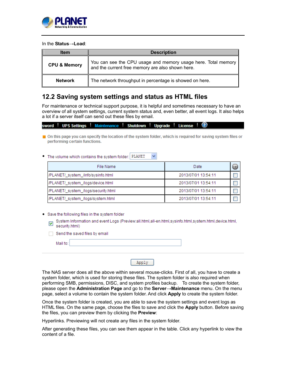 2 saving system settings and status as html files | PLANET NAS-7410 User Manual | Page 103 / 125