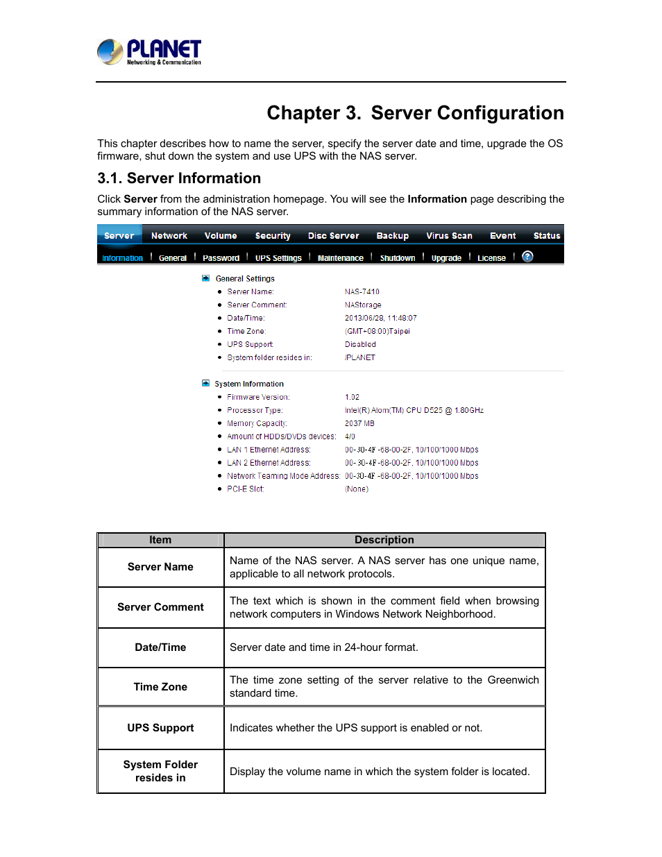 Chapter 3. server configuration, Server information | PLANET NAS-7410 User Manual | Page 21 / 125