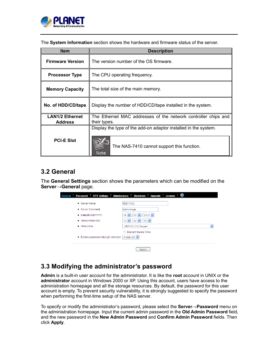 2 general, 3 modifying the administrator’s password | PLANET NAS-7410 User Manual | Page 22 / 125