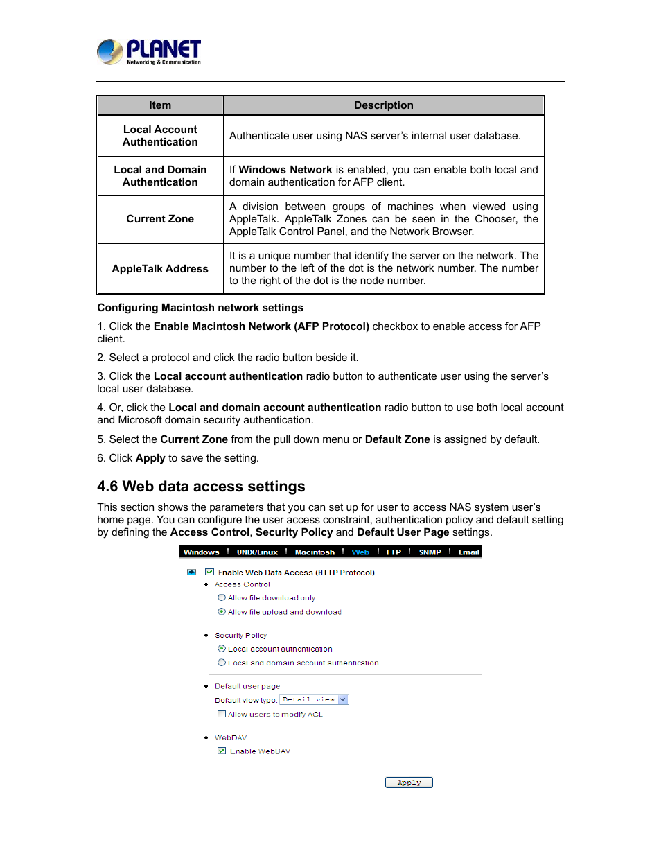 6 web data access settings | PLANET NAS-7410 User Manual | Page 34 / 125