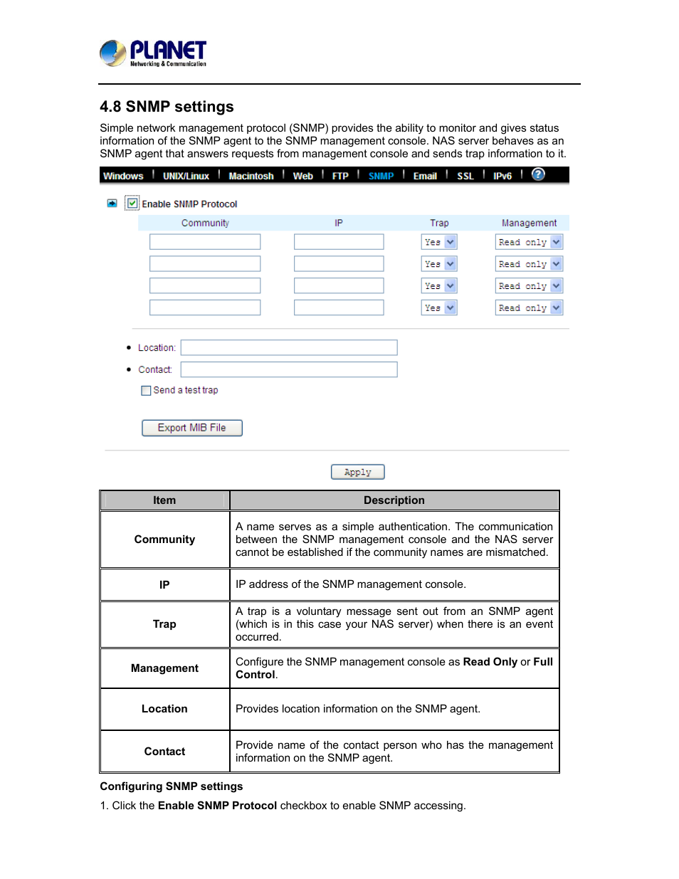 8 snmp settings | PLANET NAS-7410 User Manual | Page 37 / 125