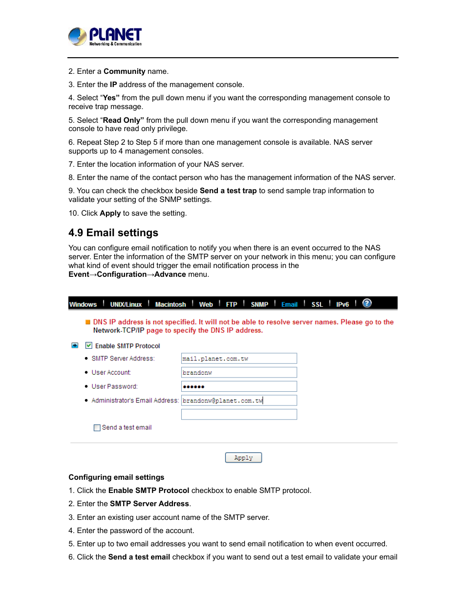9 email settings | PLANET NAS-7410 User Manual | Page 38 / 125