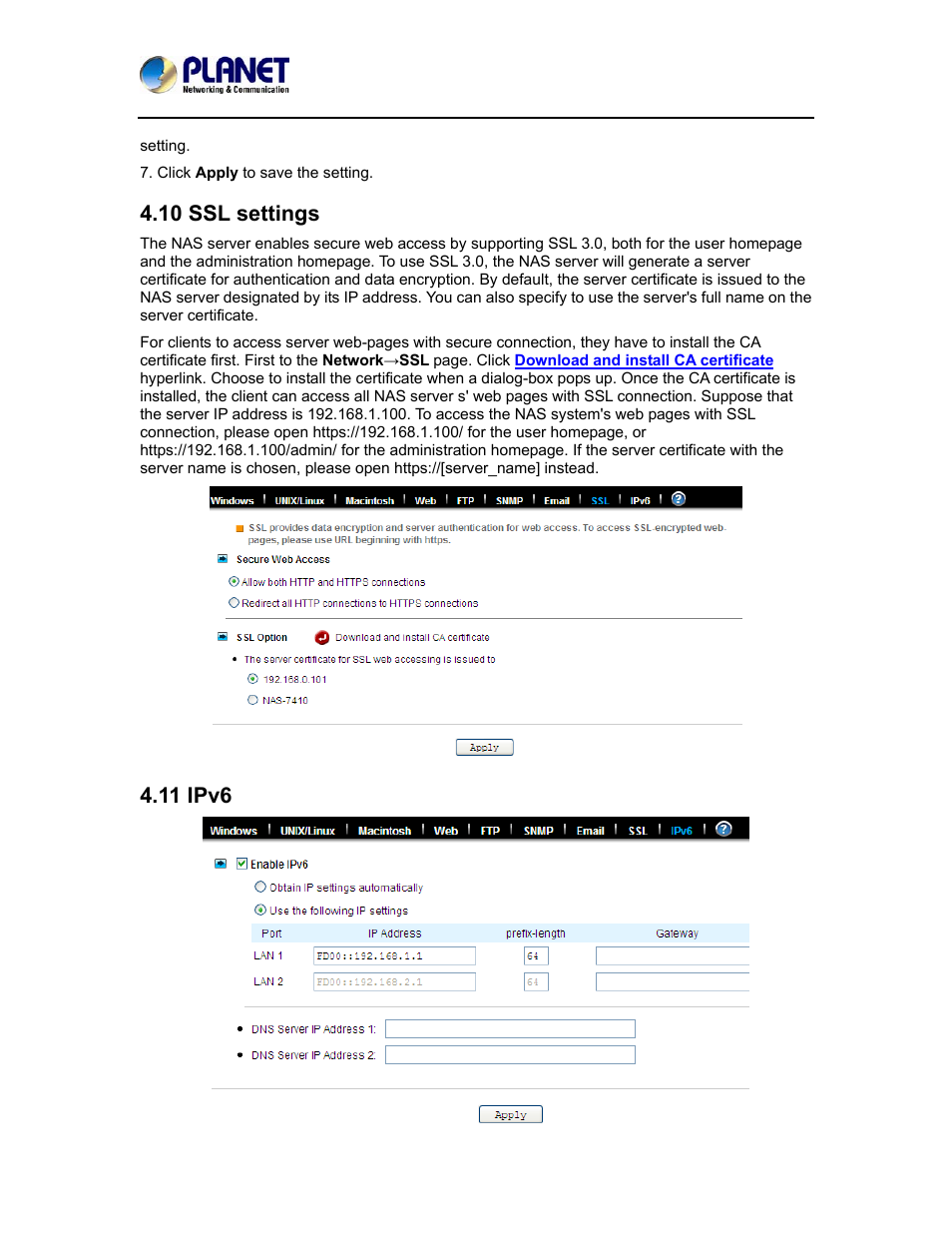 10 ssl settings, 11 ipv6, 10 ssl settings 4.11 ipv6 | PLANET NAS-7410 User Manual | Page 39 / 125