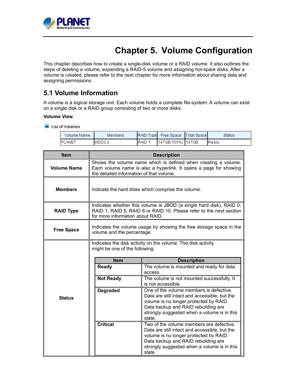 Chapter 5. volume configuration, 1 volume information | PLANET NAS-7410 User Manual | Page 41 / 125