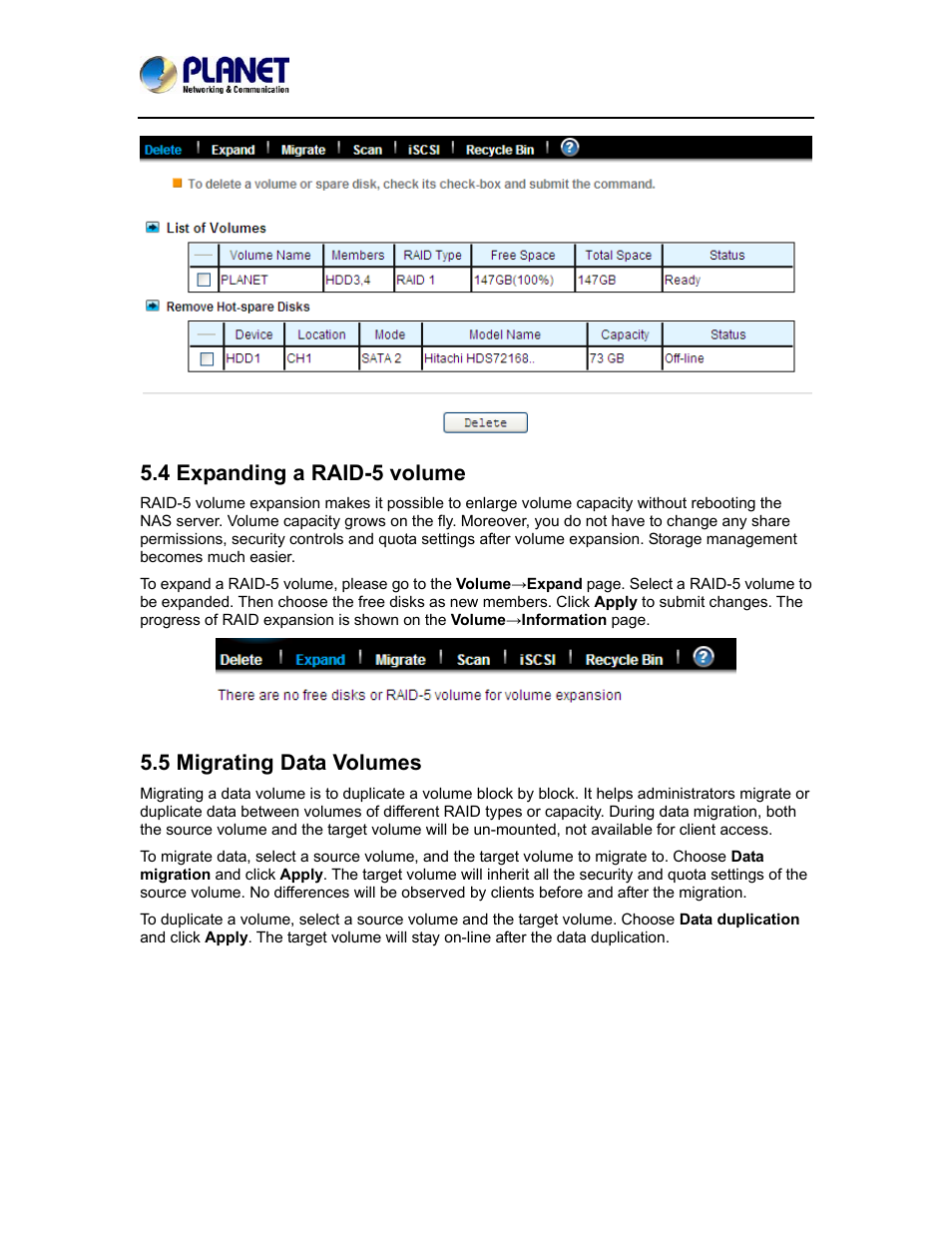 4 expanding a raid-5 volume, 5 migrating data volumes | PLANET NAS-7410 User Manual | Page 46 / 125