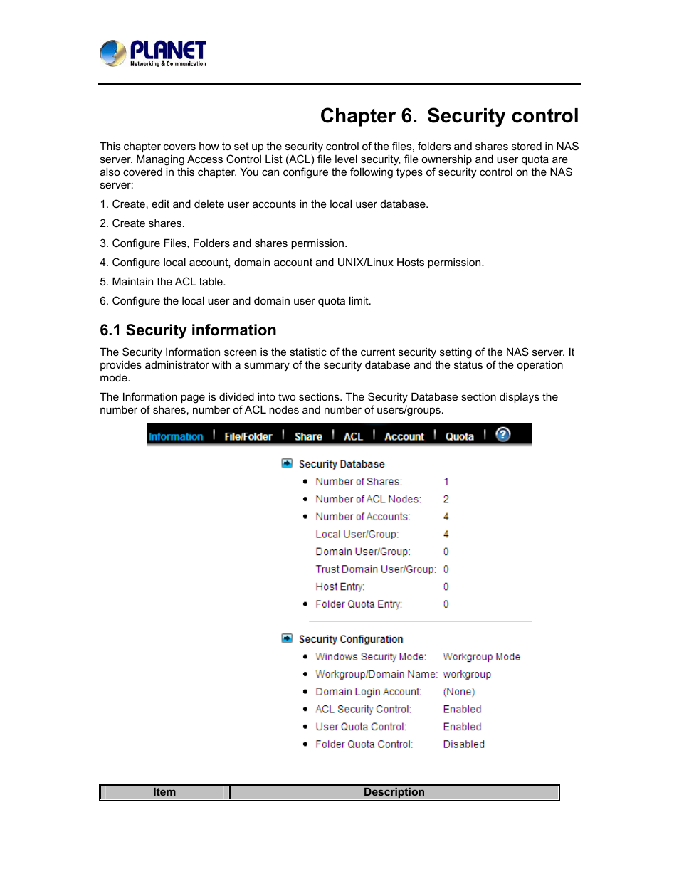 Chapter 6. security control, 1 security information | PLANET NAS-7410 User Manual | Page 51 / 125