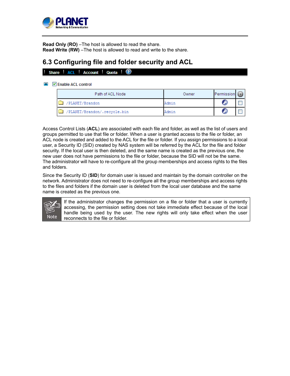 3 configuring file and folder security and acl | PLANET NAS-7410 User Manual | Page 56 / 125