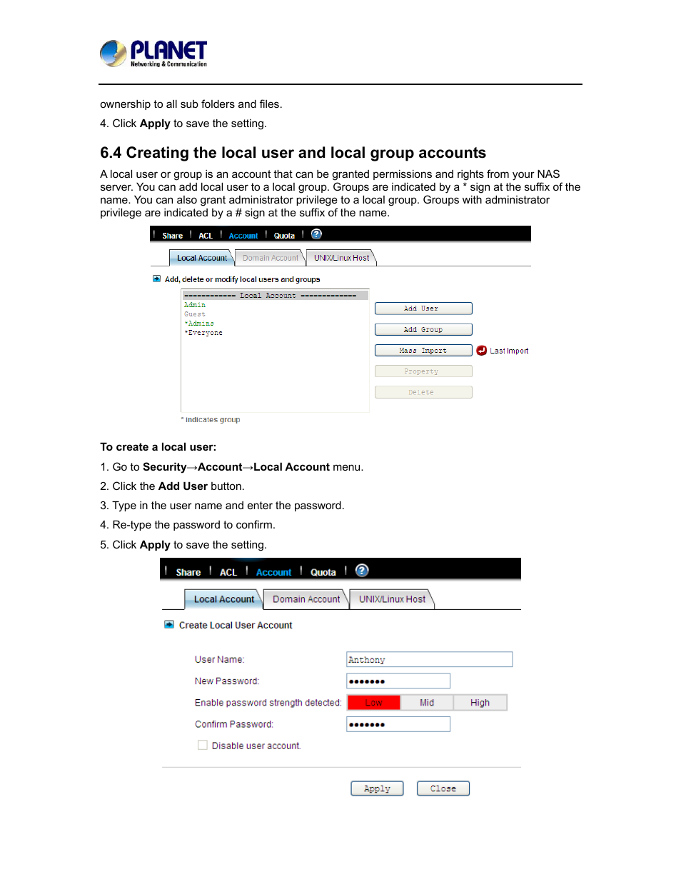 4 creating the local user and local group accounts | PLANET NAS-7410 User Manual | Page 59 / 125