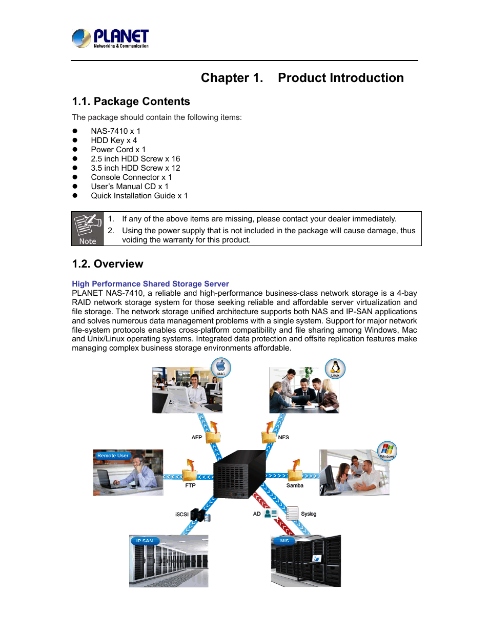 Chapter 1. product introduction, Package contents, Overview | Package contents 1.2. overview | PLANET NAS-7410 User Manual | Page 6 / 125