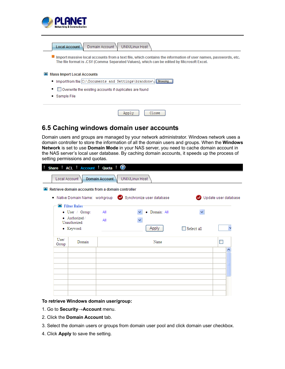 5 caching windows domain user accounts | PLANET NAS-7410 User Manual | Page 62 / 125
