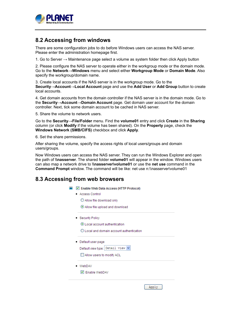 2 accessing from windows, 3 accessing from web browsers | PLANET NAS-7410 User Manual | Page 76 / 125