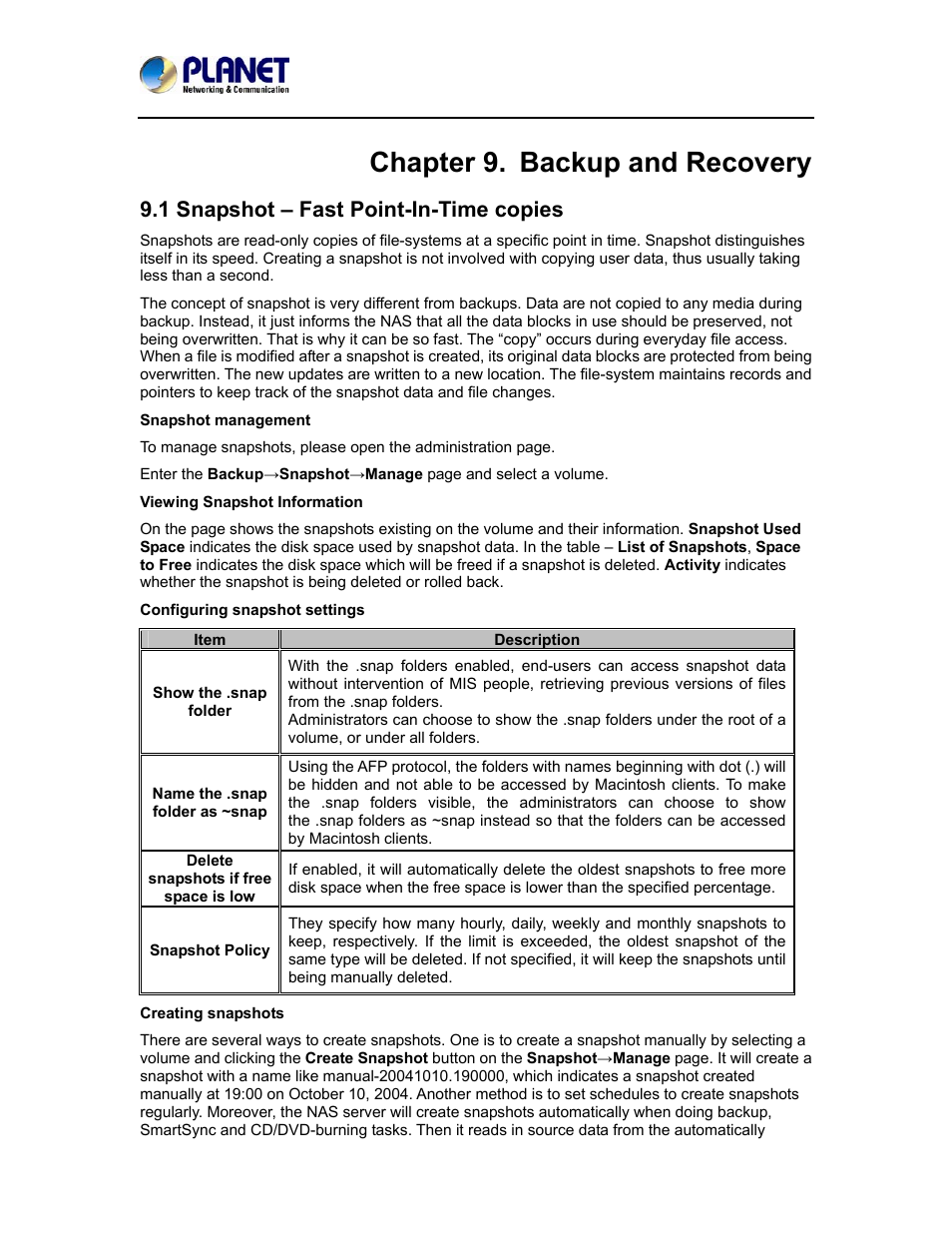 Chapter 9. backup and recovery, 1 snapshot – fast point-in-time copies | PLANET NAS-7410 User Manual | Page 83 / 125