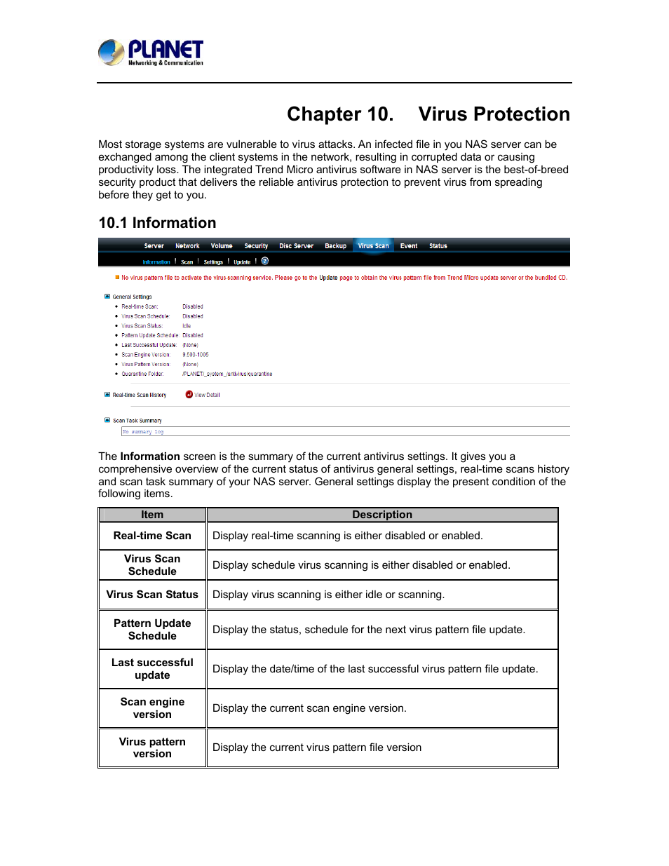 Chapter 10. virus protection, 1 information | PLANET NAS-7410 User Manual | Page 93 / 125
