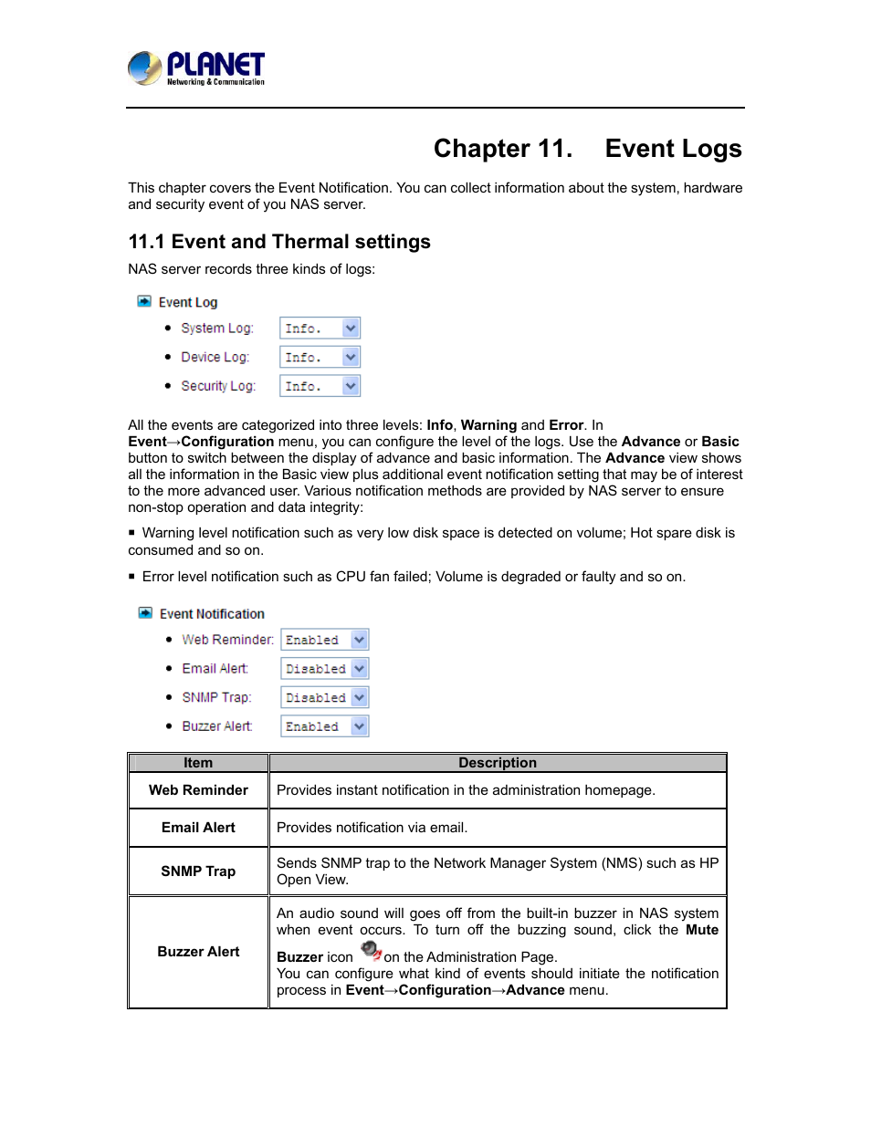 Chapter 11. event logs, 1 event and thermal settings | PLANET NAS-7410 User Manual | Page 97 / 125