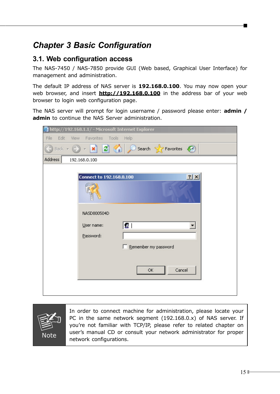 Chapter 3 basic configuration, Web configuration access | PLANET NAS-7450 User Manual | Page 15 / 16
