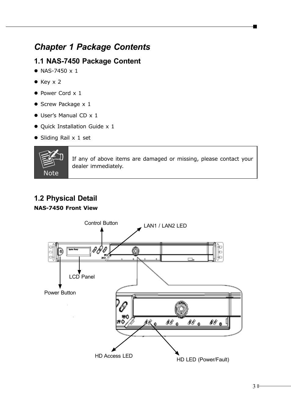 Chapter 1 package contents, 2 physical detail | PLANET NAS-7450 User Manual | Page 3 / 16