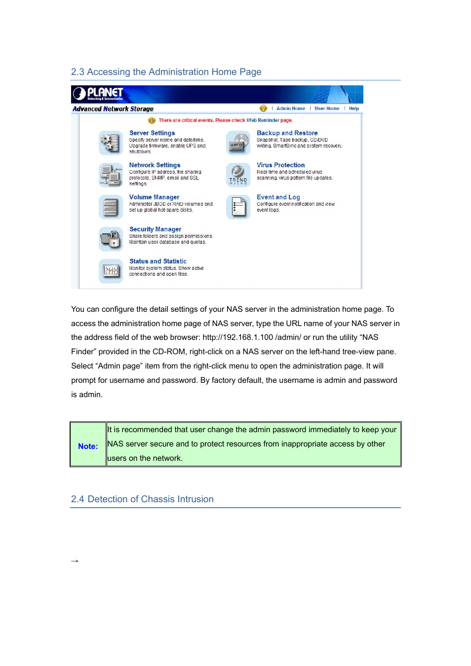 4 detection of chassis intrusion | PLANET NAS-7450 User Manual | Page 19 / 111