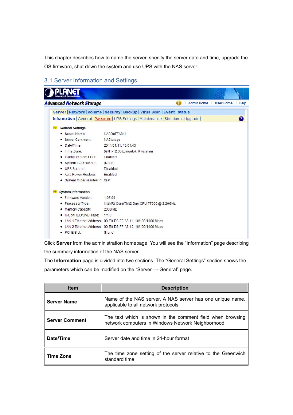 Chapter 3 server configuration, 1 server information and settings | PLANET NAS-7450 User Manual | Page 20 / 111