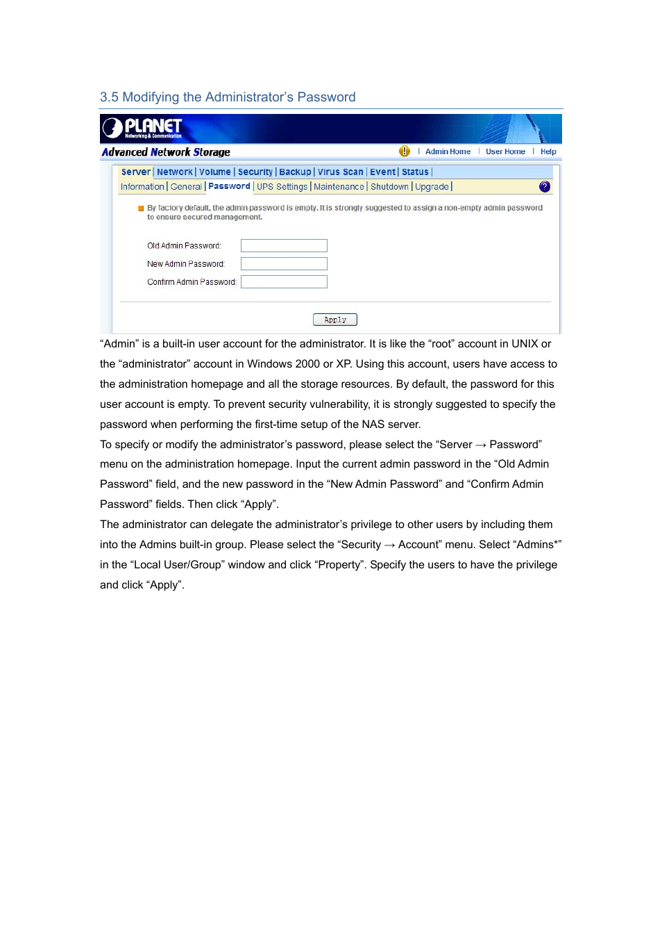 5 modifying the administrator’s password | PLANET NAS-7450 User Manual | Page 25 / 111