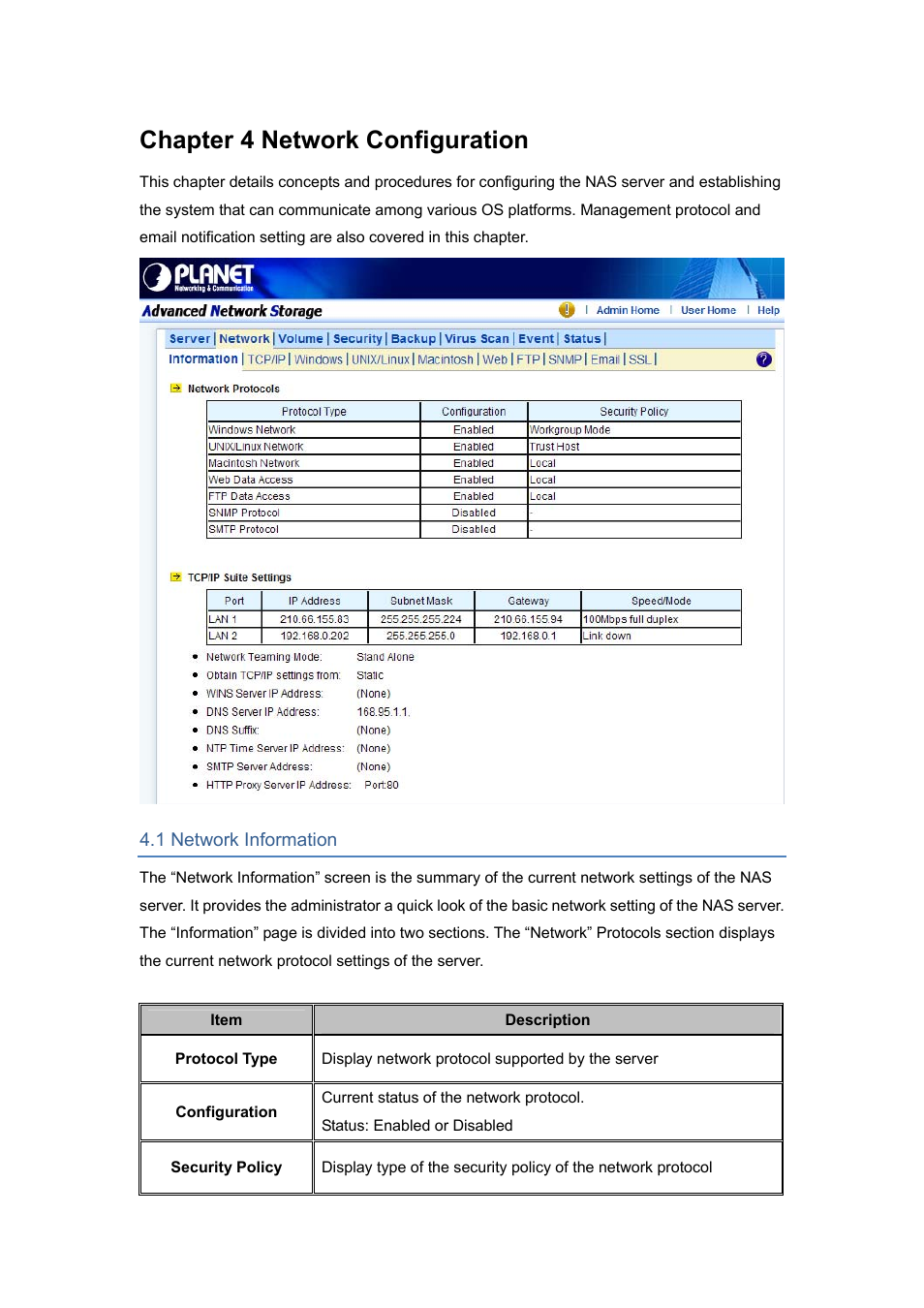 Chapter 4 network configuration, 1 network information | PLANET NAS-7450 User Manual | Page 26 / 111