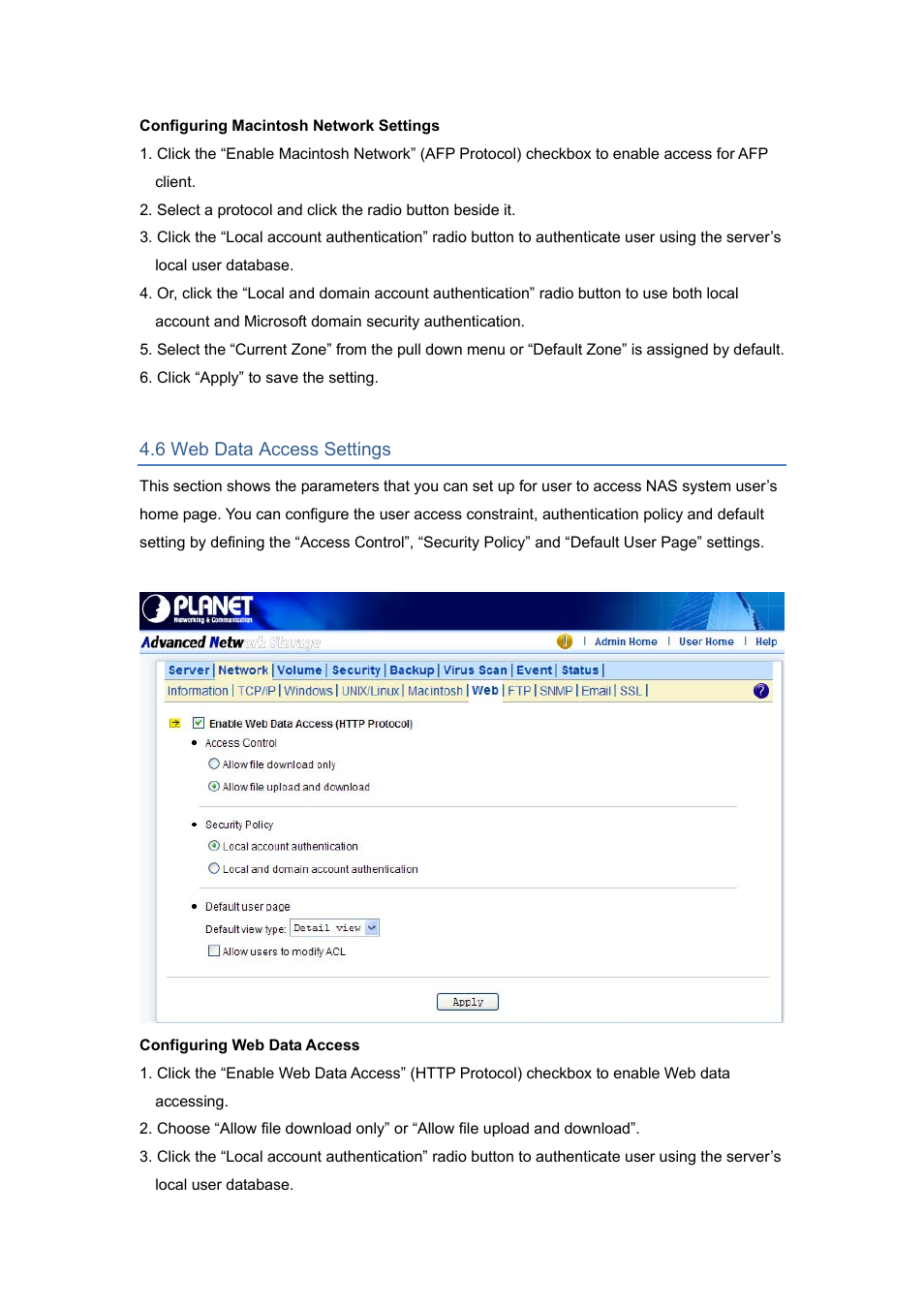 6 web data access settings | PLANET NAS-7450 User Manual | Page 34 / 111