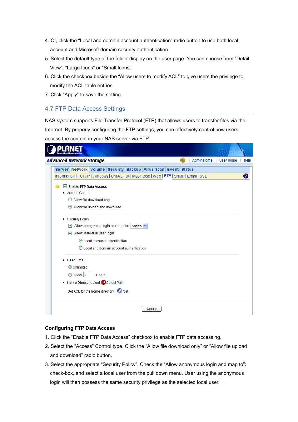 7 ftp data access settings | PLANET NAS-7450 User Manual | Page 35 / 111