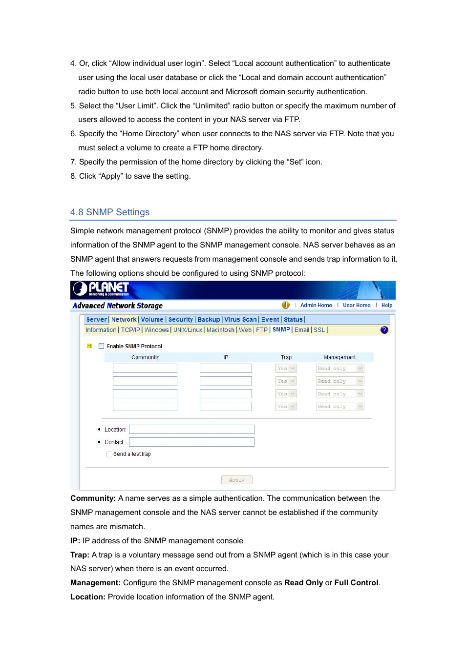 8 snmp settings | PLANET NAS-7450 User Manual | Page 36 / 111