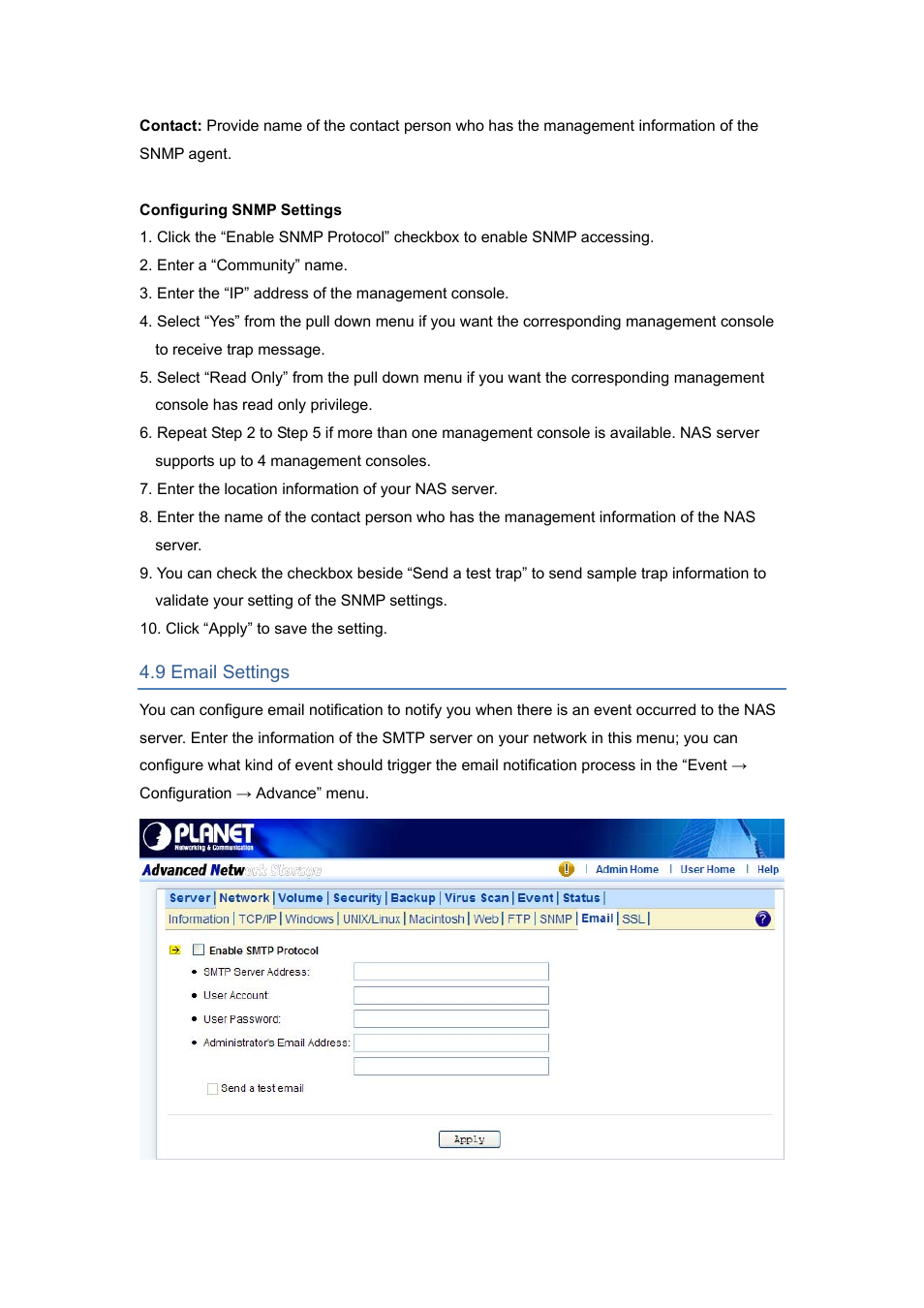 9 email settings | PLANET NAS-7450 User Manual | Page 37 / 111