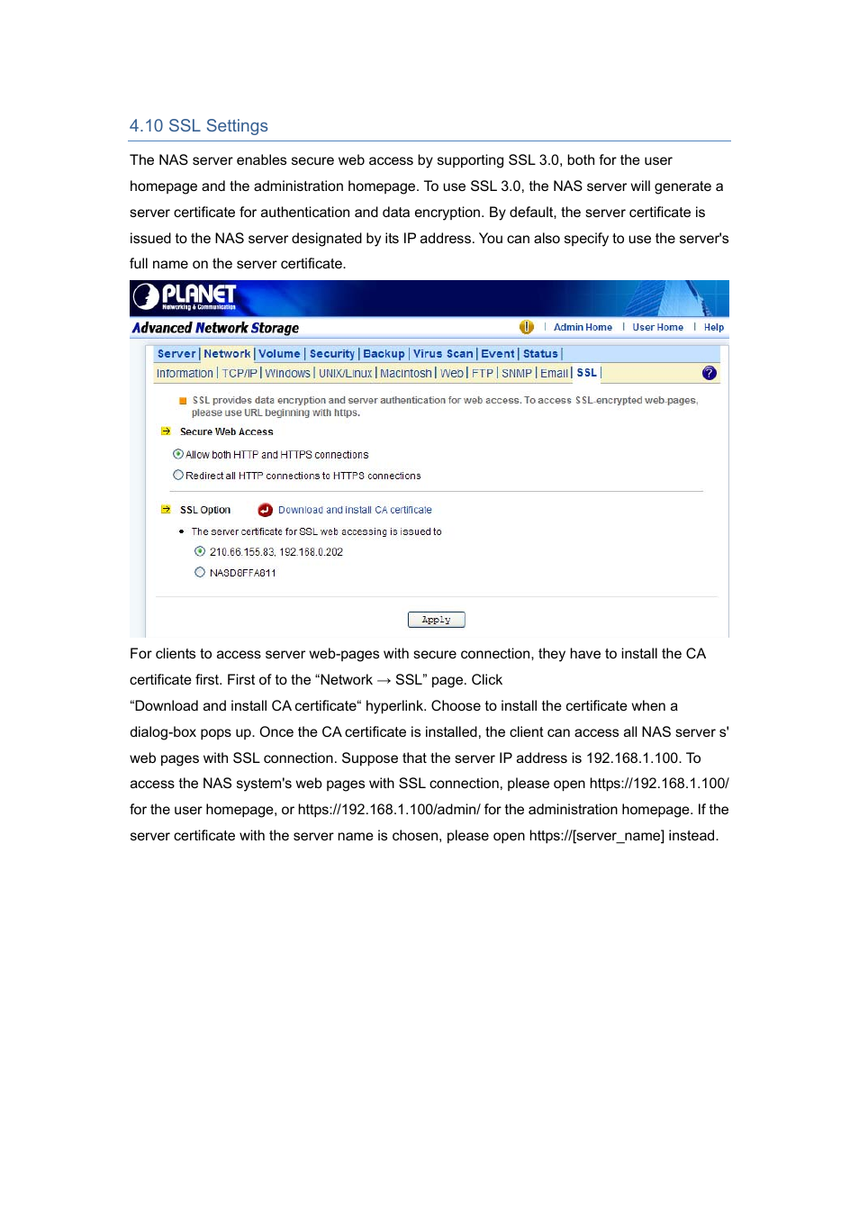 10 ssl settings | PLANET NAS-7450 User Manual | Page 39 / 111