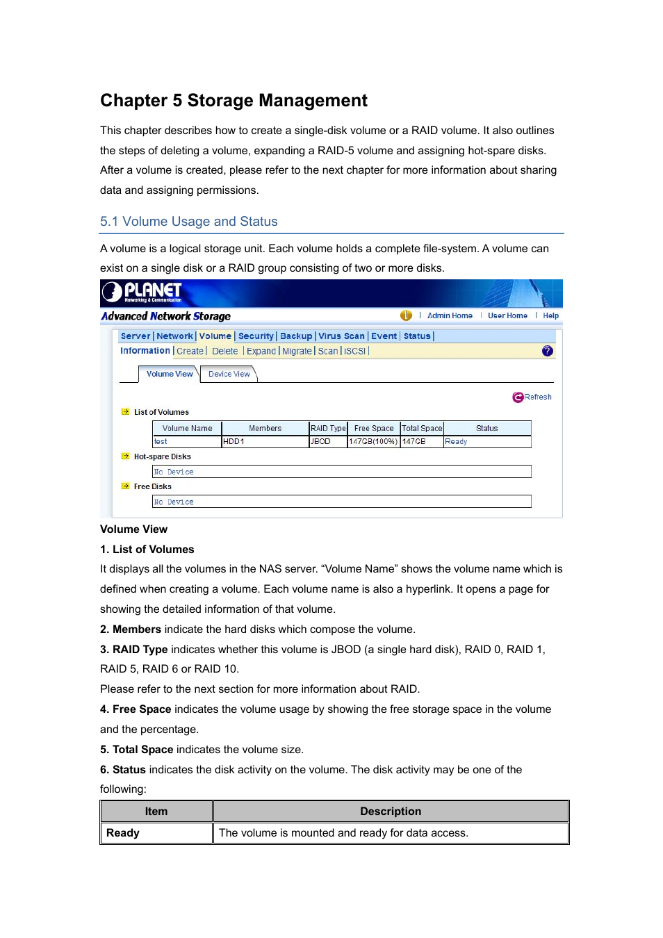 Chapter 5 storage management, 1 volume usage and status | PLANET NAS-7450 User Manual | Page 40 / 111