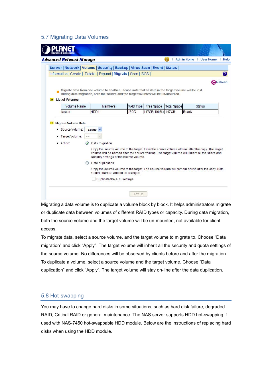 7 migrating data volumes, 8 hot-swapping | PLANET NAS-7450 User Manual | Page 46 / 111