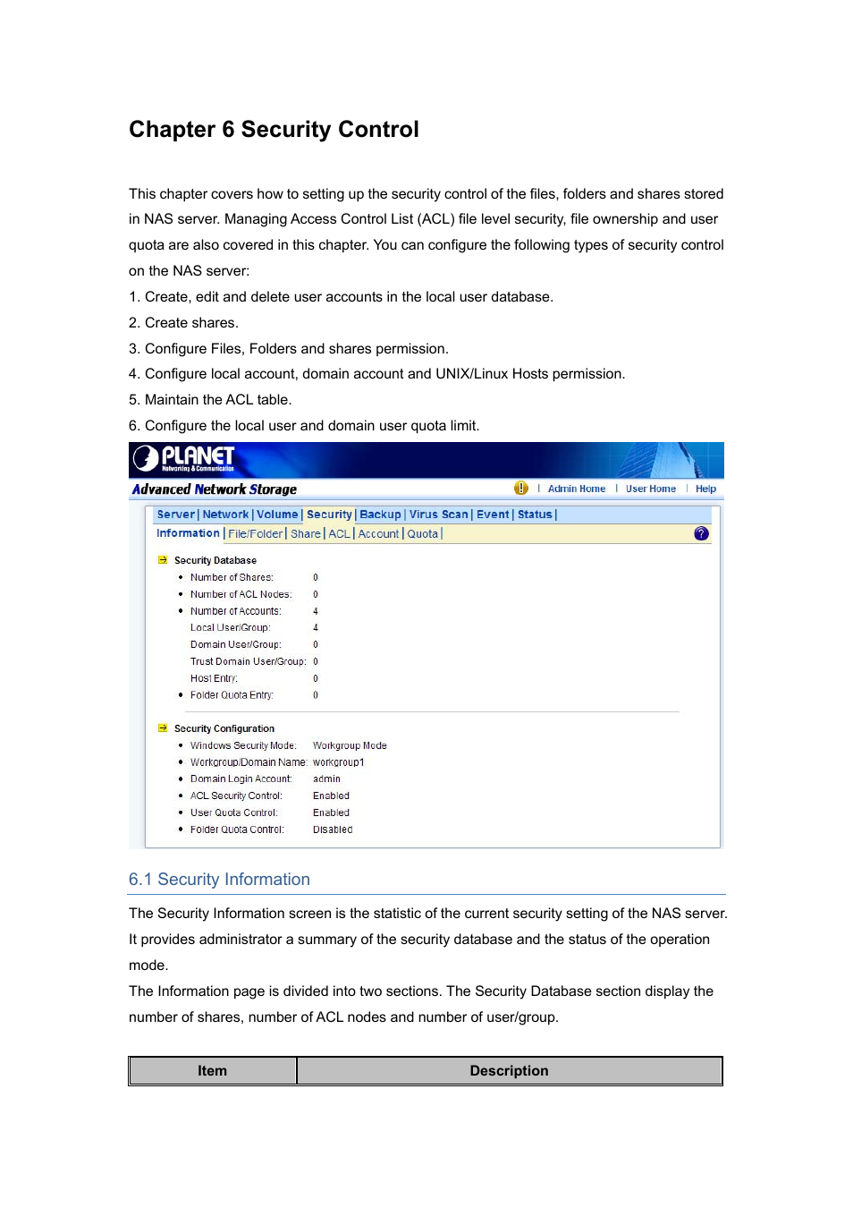 Chapter 6 security control, 1 security information | PLANET NAS-7450 User Manual | Page 49 / 111