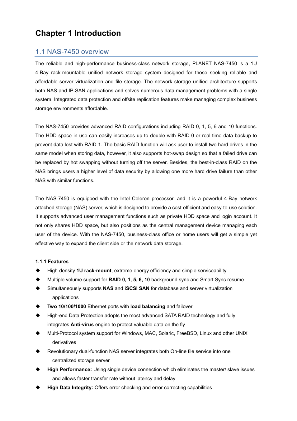 Chapter 1 introduction, 1 nas-7450 overview | PLANET NAS-7450 User Manual | Page 6 / 111