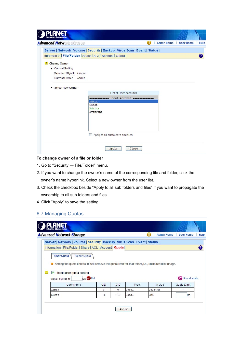 7 managing quotas | PLANET NAS-7450 User Manual | Page 60 / 111