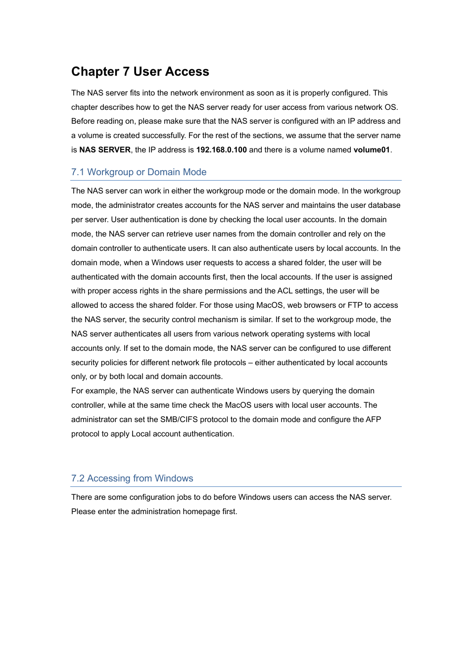 Chapter 7 user access, 1 workgroup or domain mode, 2 accessing from windows | PLANET NAS-7450 User Manual | Page 63 / 111